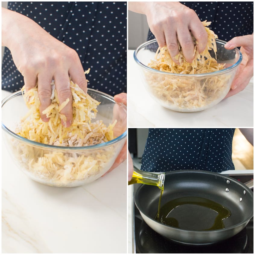 Mani che mescolano patate grattugiate in una ciotola e olio versato in padella