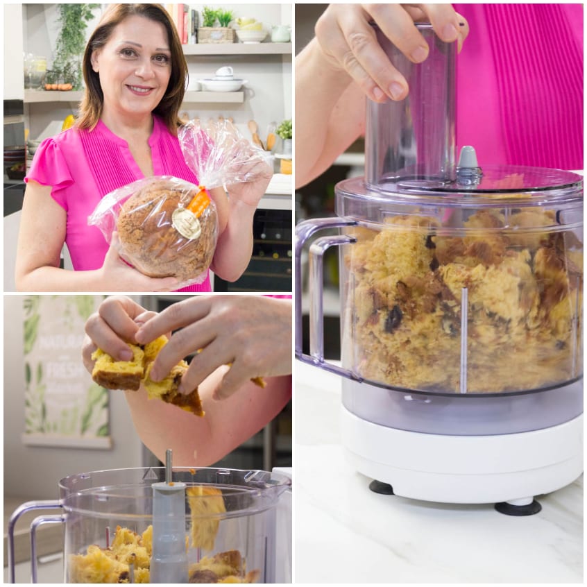 Panettone a pezzi inserito nel mixer prima di essere sbriciolato