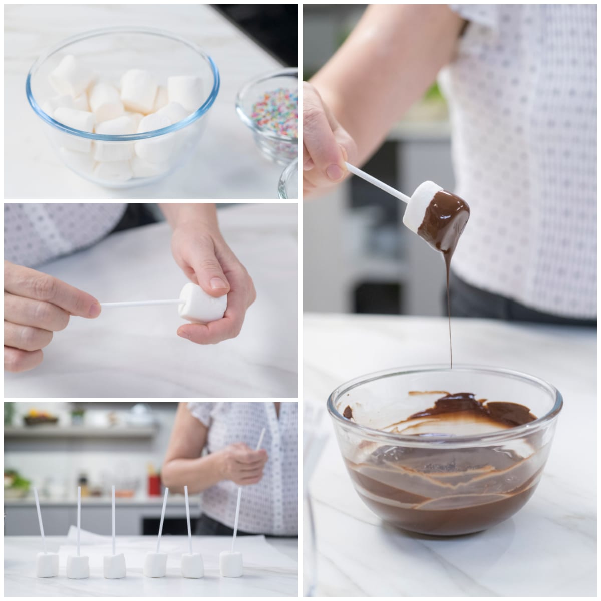 Marshmallow infilzati su stecchi e immersi nel cioccolato fuso che cola dalla copertura