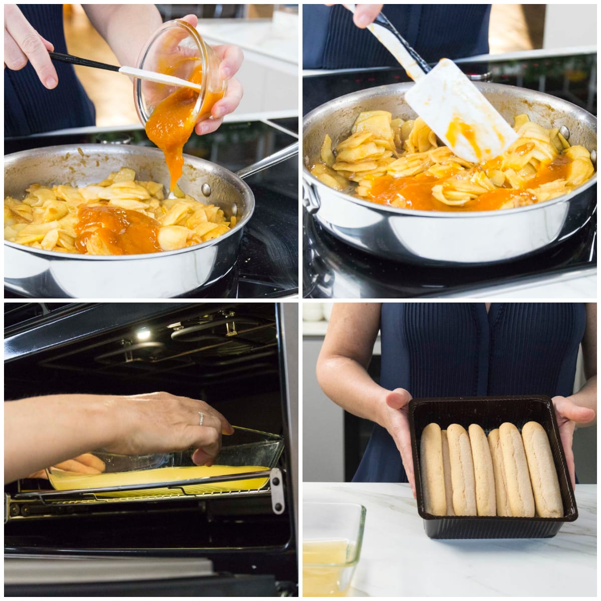 Salsa di albicocche versata sulle mele in padella, poi mescolata; sfoglia in forno e savoiardi senza glutine pronti