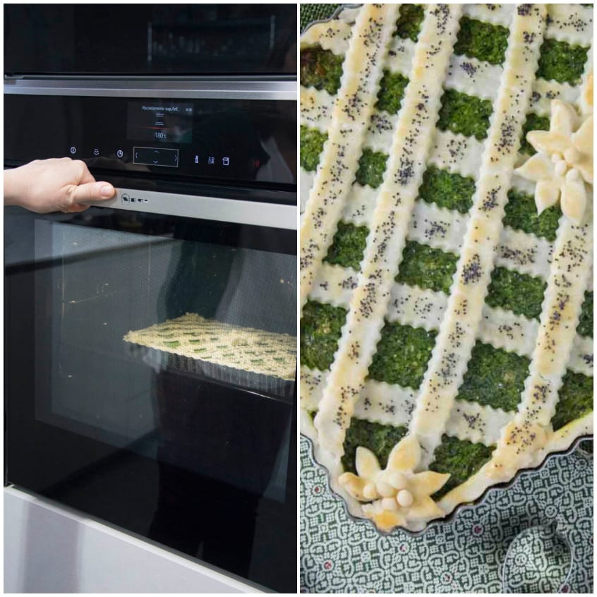 Crostata salata cruda con reticolo di pasta e ripieno di spinaci cosparso di semi di papavero, pronta da infornare