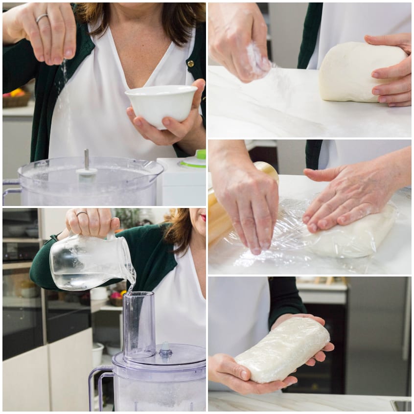 Sequenza di preparazione della pasta brisé senza glutine: impasto nel food processor, lavorazione a mano e panetto avvolto nella pellicola