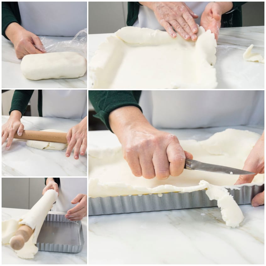 Pasta brisé stesa col mattarello, adagiata nello stampo e rifilata con un coltello