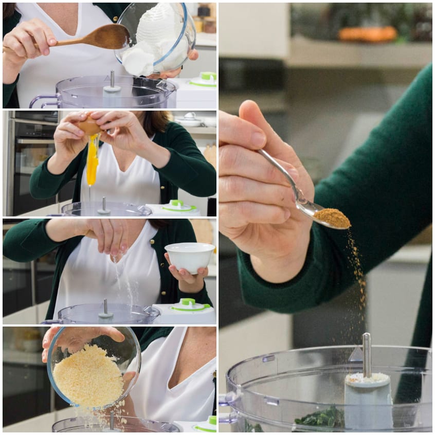 Ingredienti del ripieno versati nel mixer: ricotta, uova, formaggio grattugiato e spezie