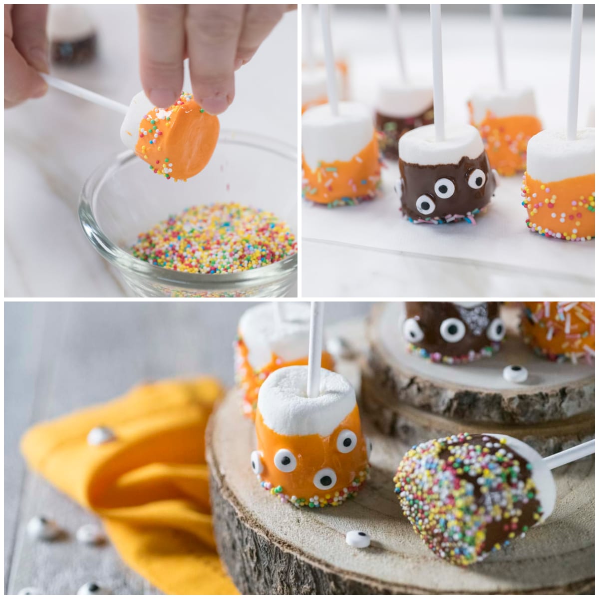 Marshmallow su stecco ricoperti di cioccolato arancione e marrone con confettini colorati e occhi di zucchero