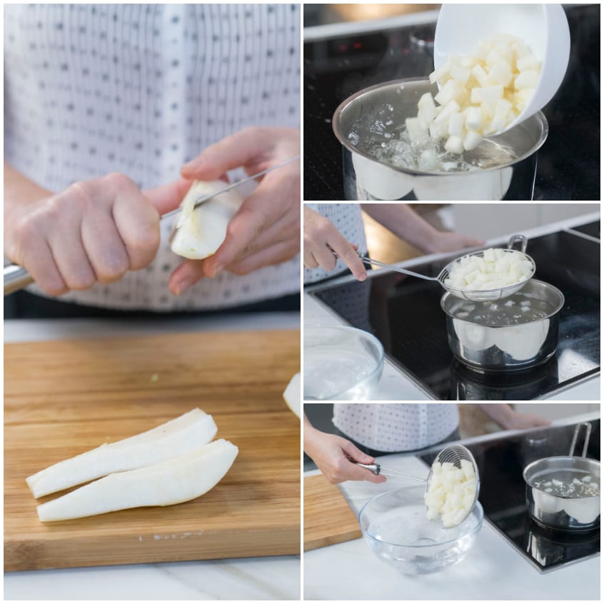 Pera sbucciata e tagliata a listarelle, poi sbollentata e raffreddata in acqua ghiacciata