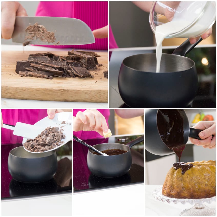 Ganache al cioccolato versata su un panettone: i quattro passaggi di preparazione