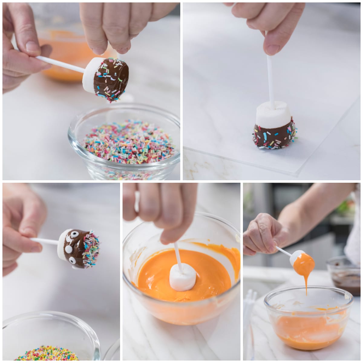 Marshmallow su stecco decorati con cioccolato fondente, codette colorate e occhietti, immersi anche in cioccolato arancione