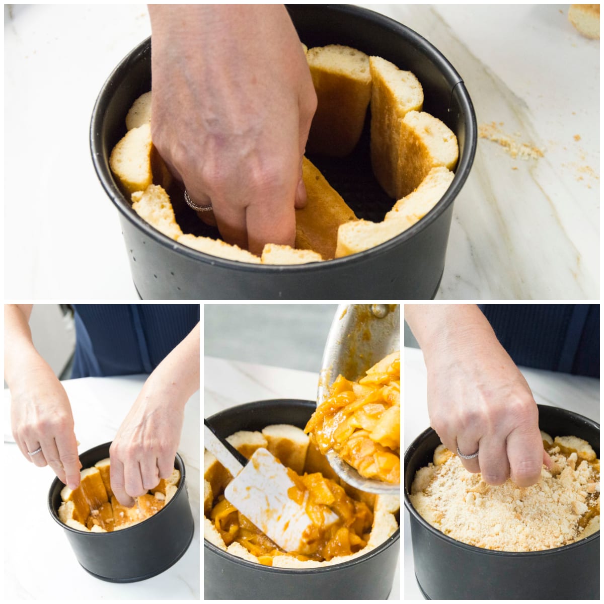 Mani che dispongono savoiardi nello stampo, versano il composto di mele e sbriciolano i biscotti in superficie
