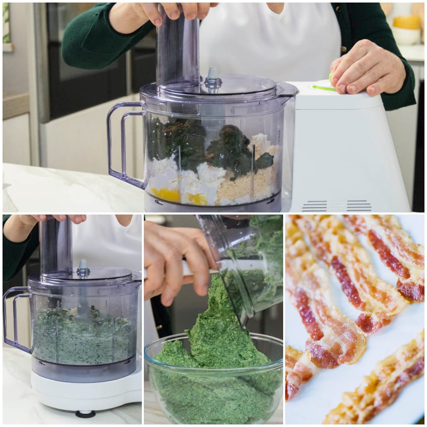 Impasto verde di spinaci frullati trasferito in una ciotola, accanto a fette di bacon croccante