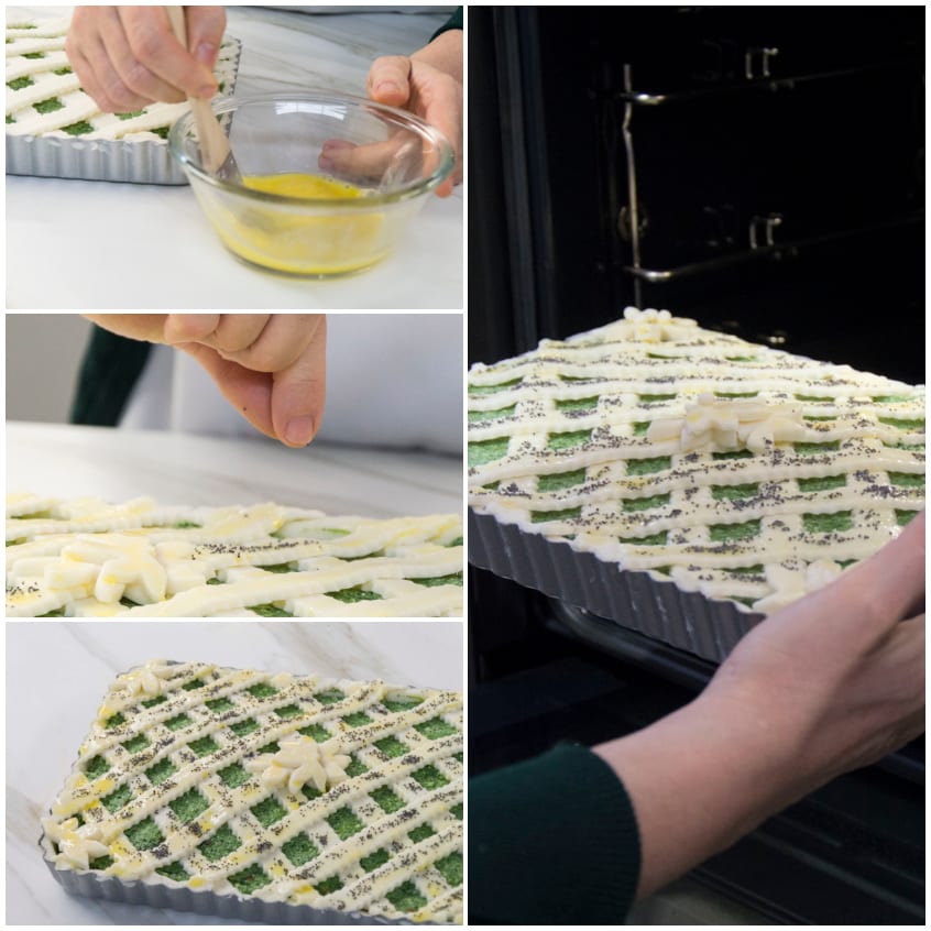Torta salata con reticolo di pasta spennellato con uovo e semi di papavero, pronta per il forno
