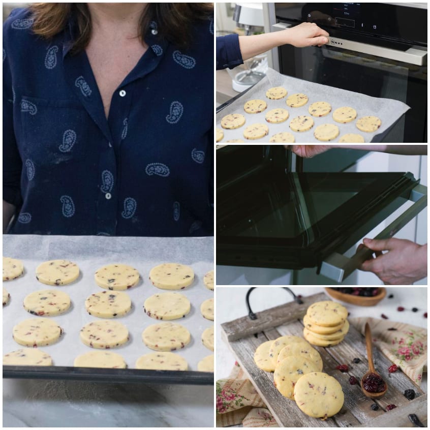 Biscotti ai frutti rossi crudi su teglia pronti per il forno, poi sfornati e impilati