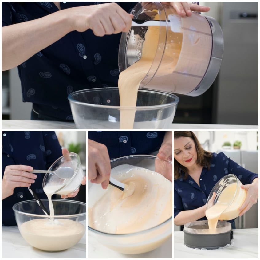 Composto cremoso per cheesecake ai cachi versato nella tortiera a cerniera