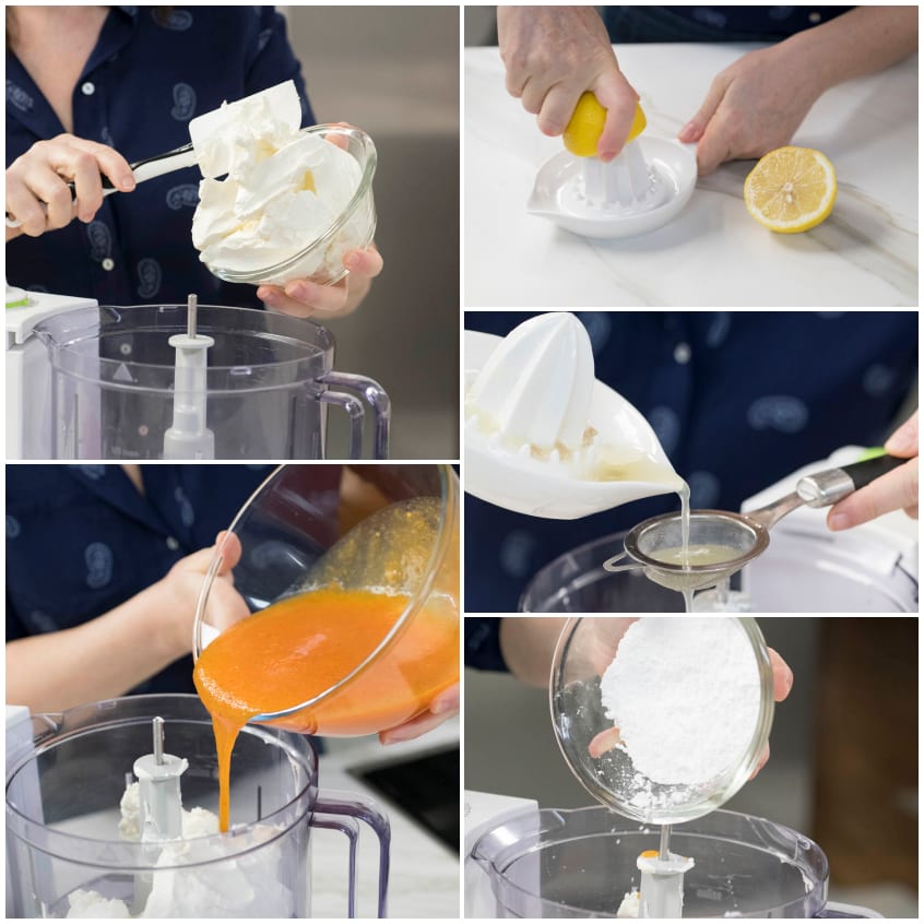 Ingredienti della crema ai cachi versati nel robot da cucina: ricotta, succo di limone filtrato, polpa arancione e zucchero