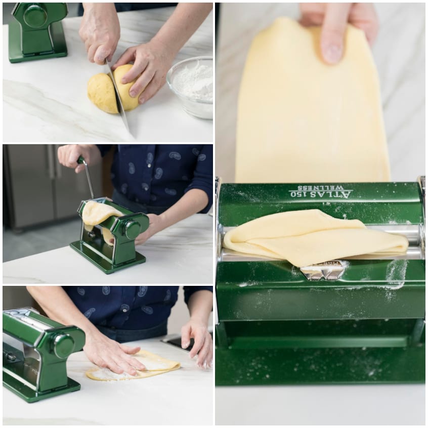 Impasto per ravioli tagliato e laminato con la macchina tirapasta fino a ottenere sfoglie sottili