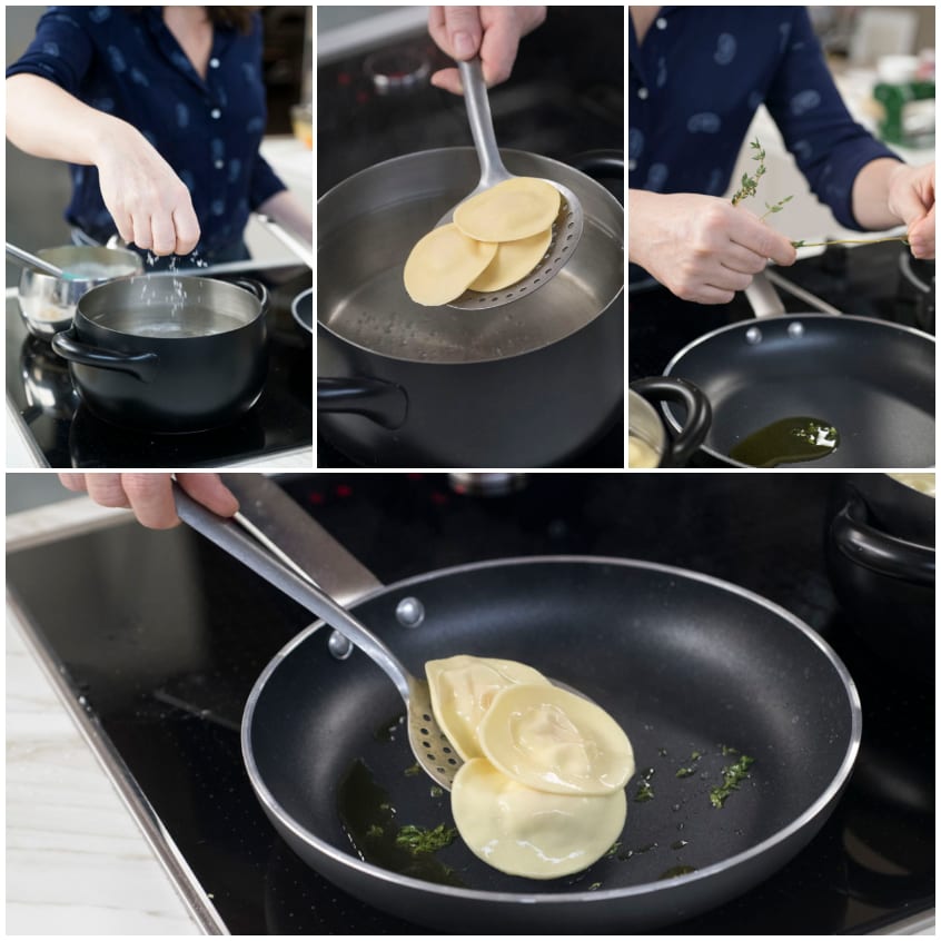 Ravioli scolati con mestolo forato e trasferiti in padella con olio e timo