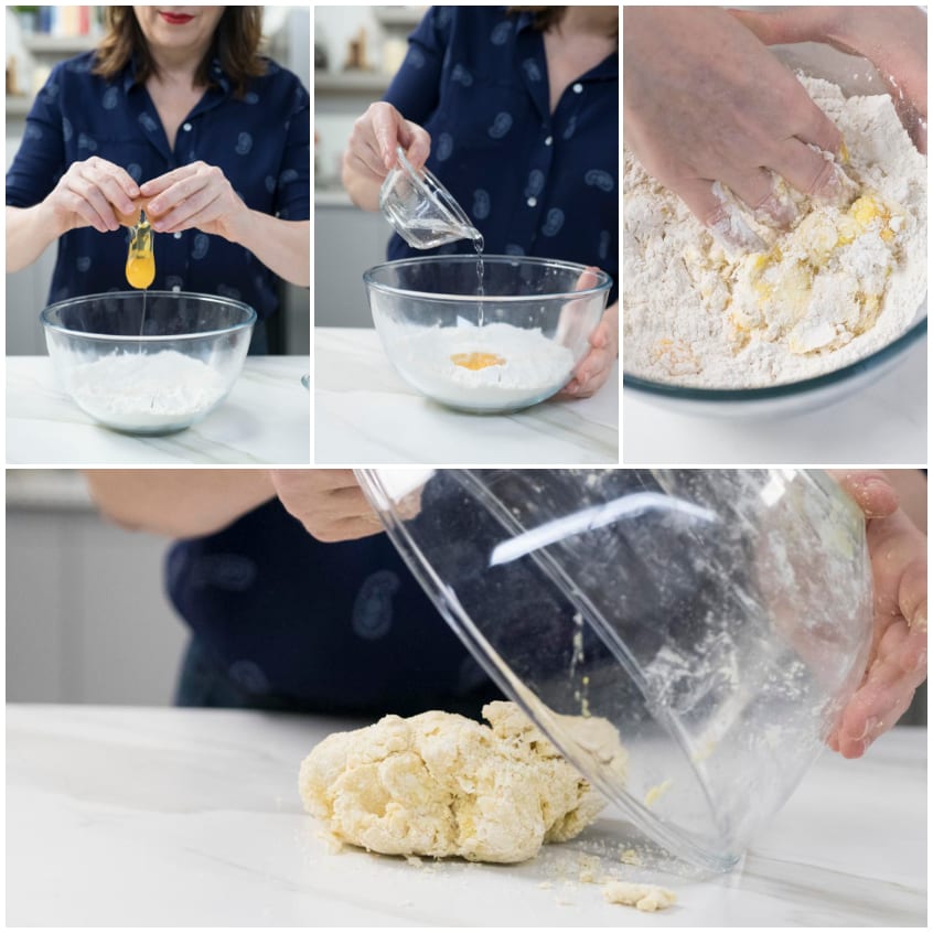 Preparazione dell'impasto per ravioli: uova rotte nella farina, aggiunta di acqua e impasto trasferito sul piano