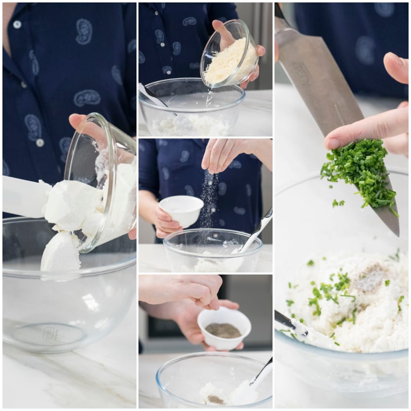 Preparazione del ripieno: ricotta, pecorino grattugiato, sale, pepe ed erba cipollina tritata uniti in una ciotola