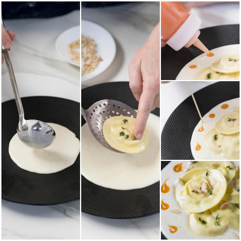 Composizione del piatto: fonduta versata, ravioli adagiati e decorazione con timo e gocce arancioni