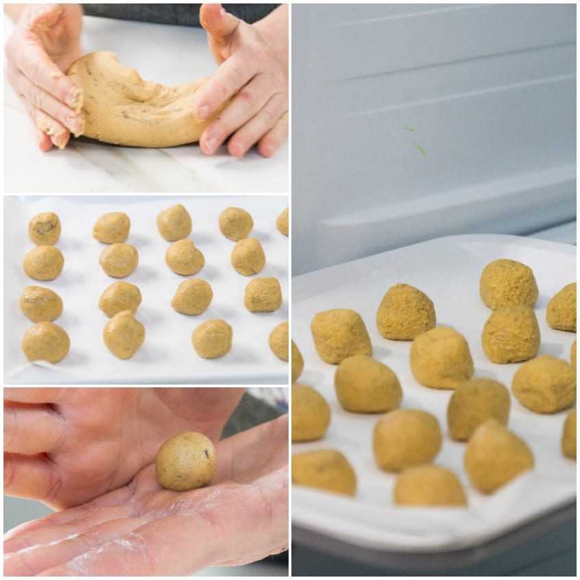 Palline di impasto per praline formate a mano e disposte su carta da forno prima del freezer