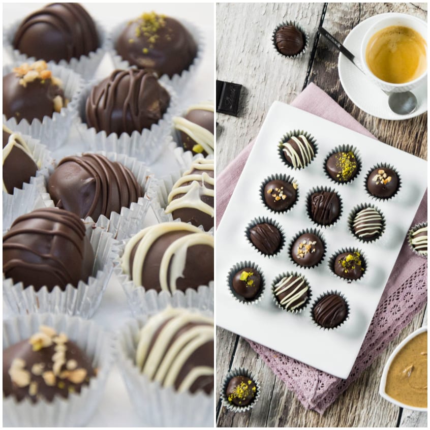Praline al cioccolato fondente decorate con granella di pistacchio e cioccolato bianco, nei pirottini