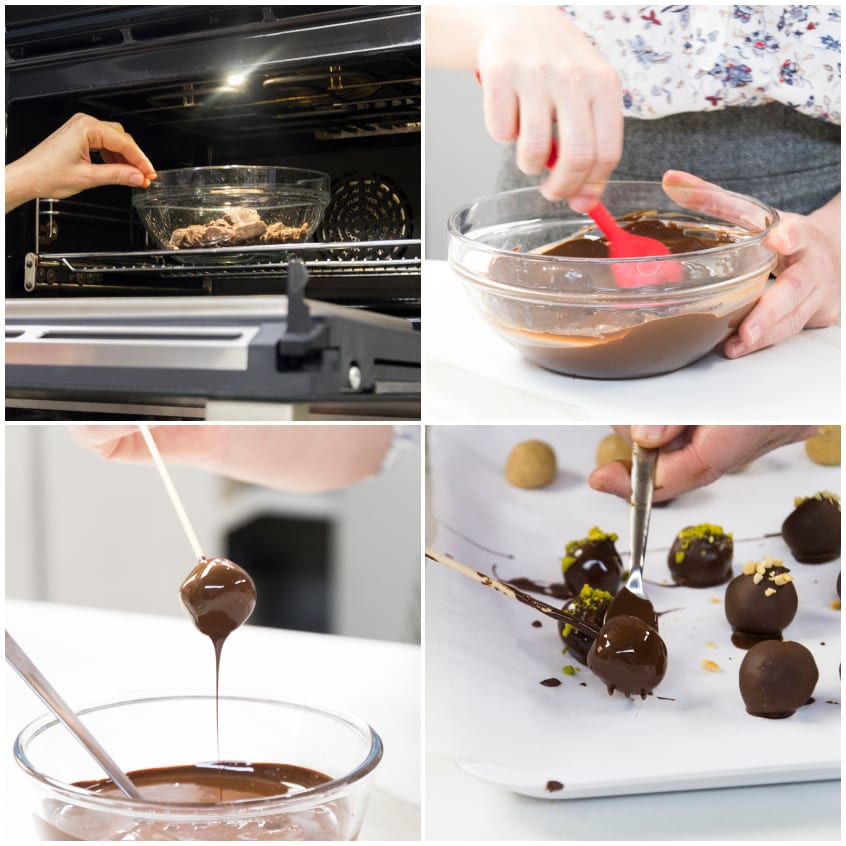 Praline immerse nel cioccolato fuso e adagiate su carta forno con granella di pistacchio