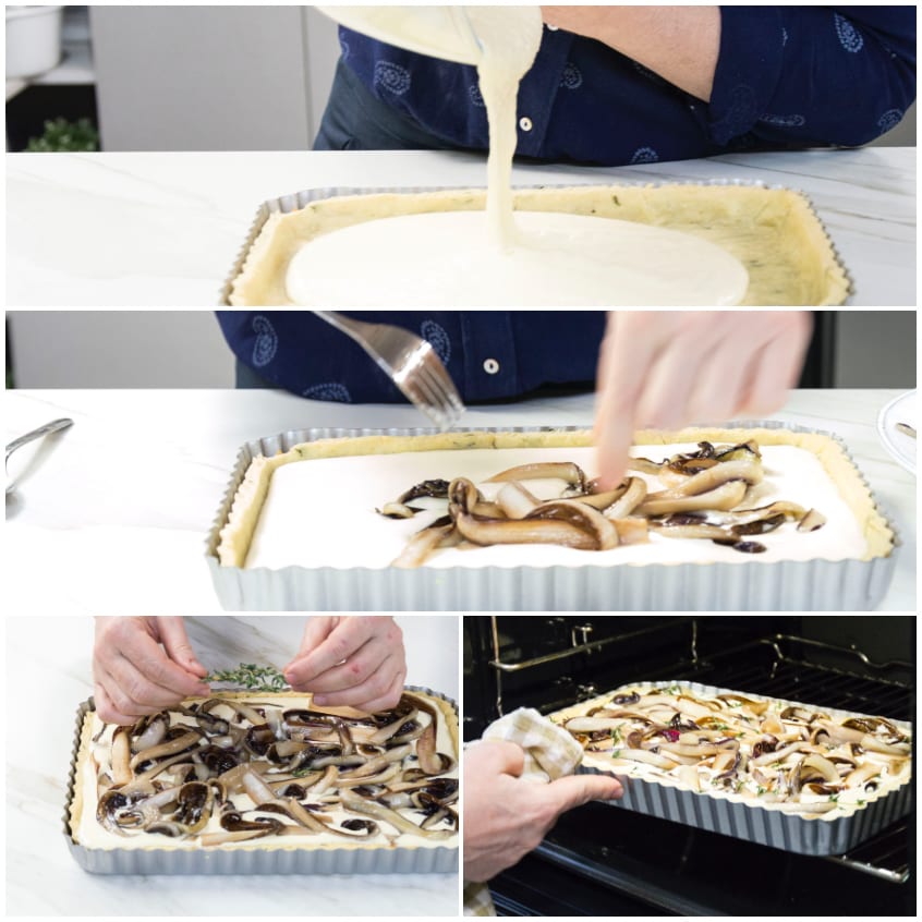 Crema versata nella base di pasta frolla, poi funghi disposti sulla superficie prima di infornare