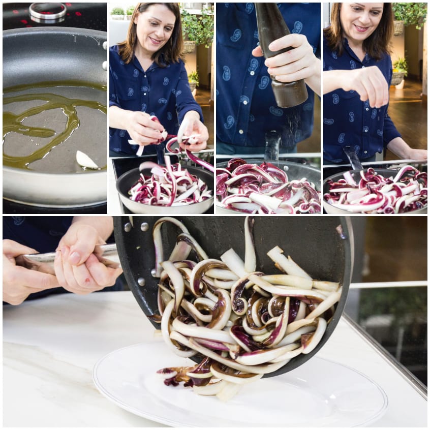 Radicchio a striscioline saltato in padella con olio e aglio, poi trasferito su un piatto