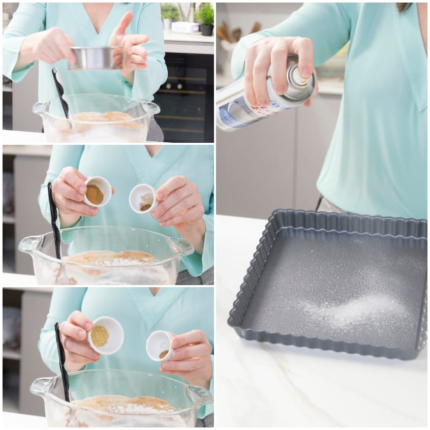Teglia spruzzata con spray staccante mentre si aggiungono spezie all'impasto in ciotola