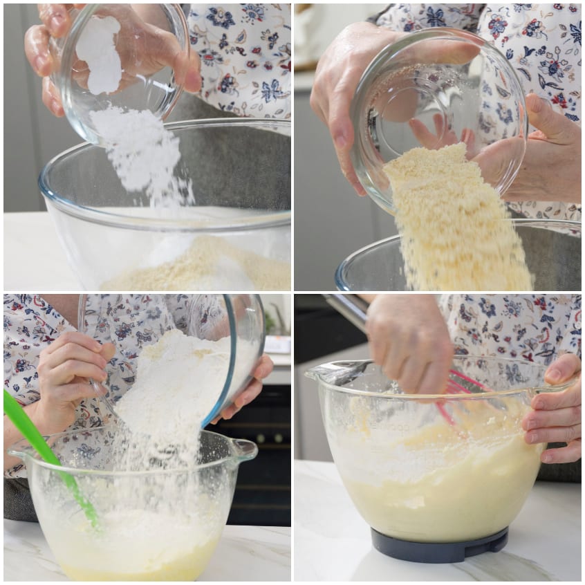 Farine e ingredienti secchi versati e incorporati al composto liquido con una frusta