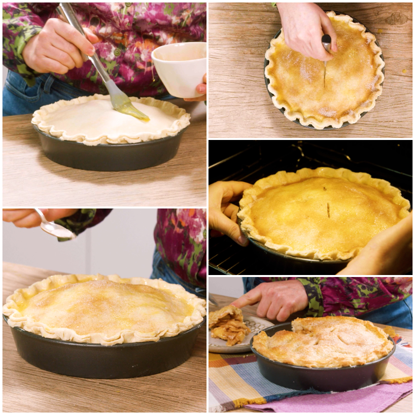 Collage dei passaggi finali dell'apple pie: spennellatura, zucchero e cannella, tagli, cottura e prima fetta servita