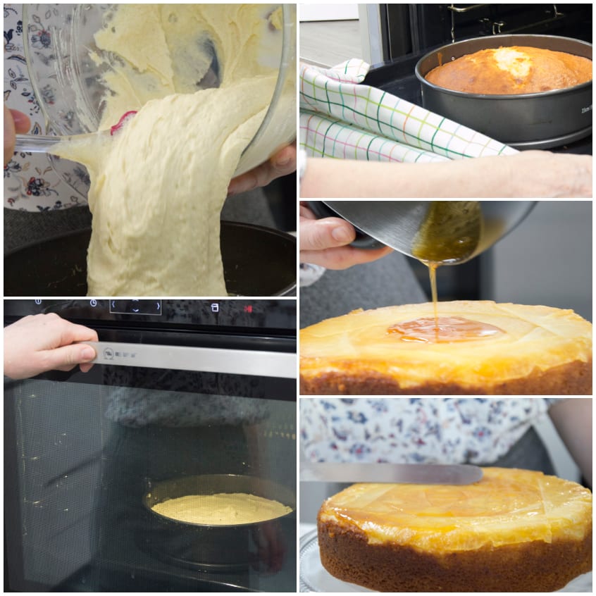 Collage di preparazione: impasto versato in teglia, cottura in forno e caramello colato sulla torta rovesciata all'ananas