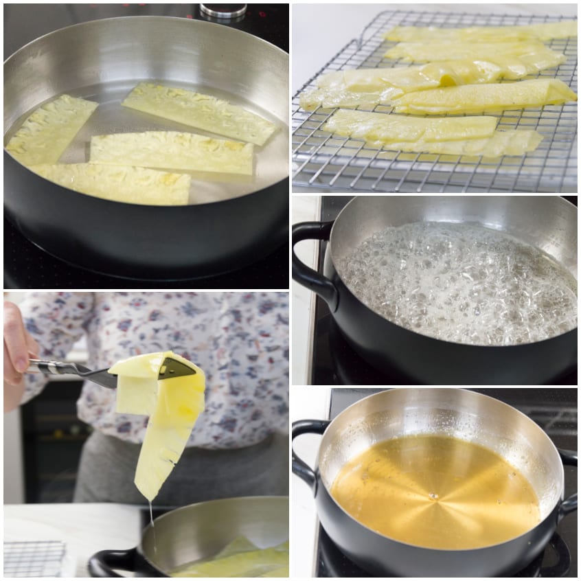 Fette di ananas cotte in padella, scolate su gratella e sciroppo dorato che si riduce sul fuoco