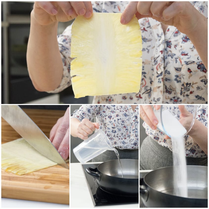 Fetta di ananas sollevata con le mani, poi tagliata a metà e sciroppo preparato con acqua e zucchero