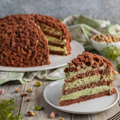 Torta mimosa al cioccolato a strati con crema al pistacchio, ricoperta di briciole di pan di Spagna al cacao