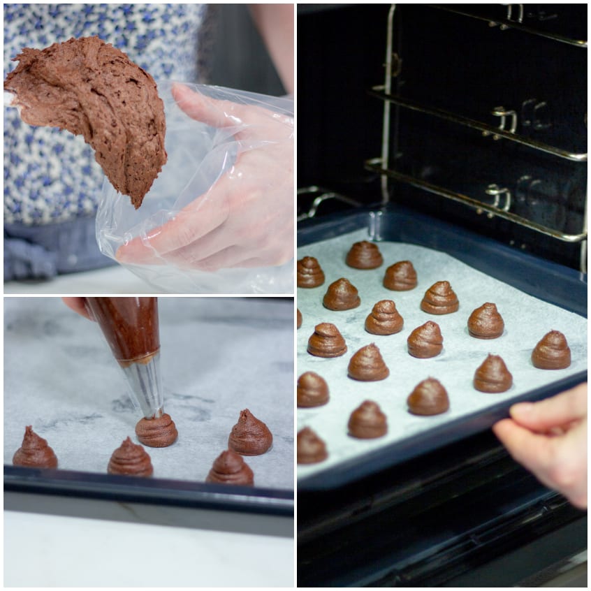 Impasto al cioccolato trasferito in sac-à-poche e dosato in ciuffetti sulla teglia, poi infornato