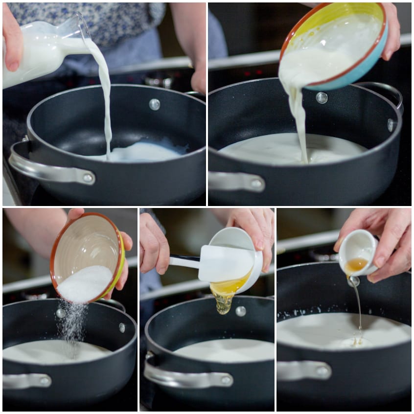 Latte, panna, zucchero, miele e vaniglia versati in padella per la crema