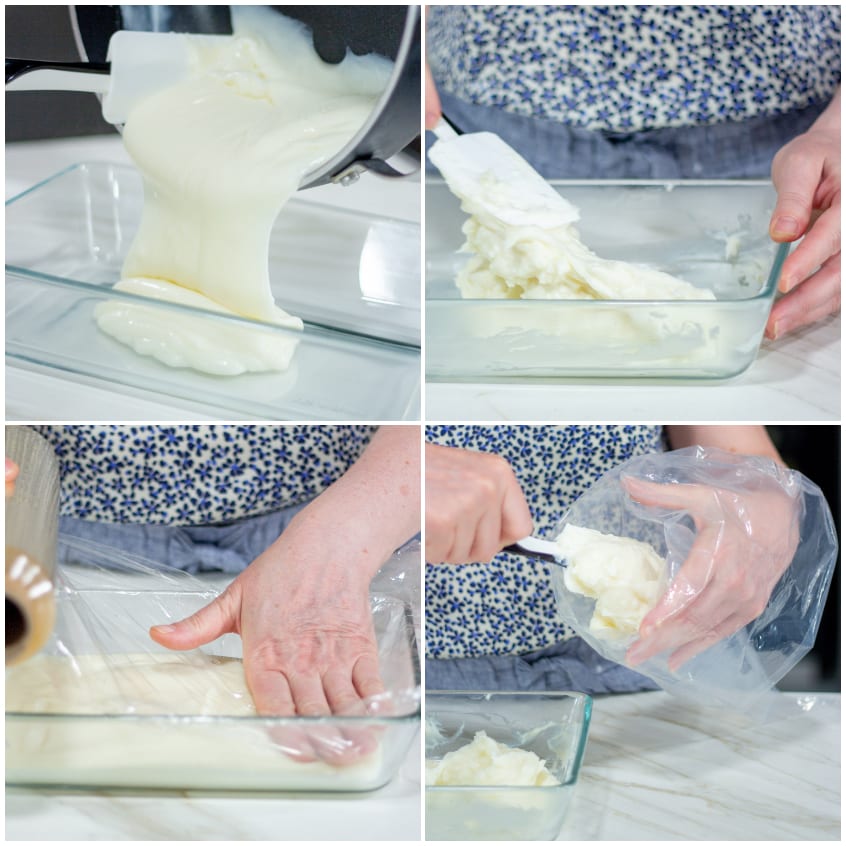 Crema di latte versata in una teglia, raccolta con una spatola e trasferita in una sac à poche