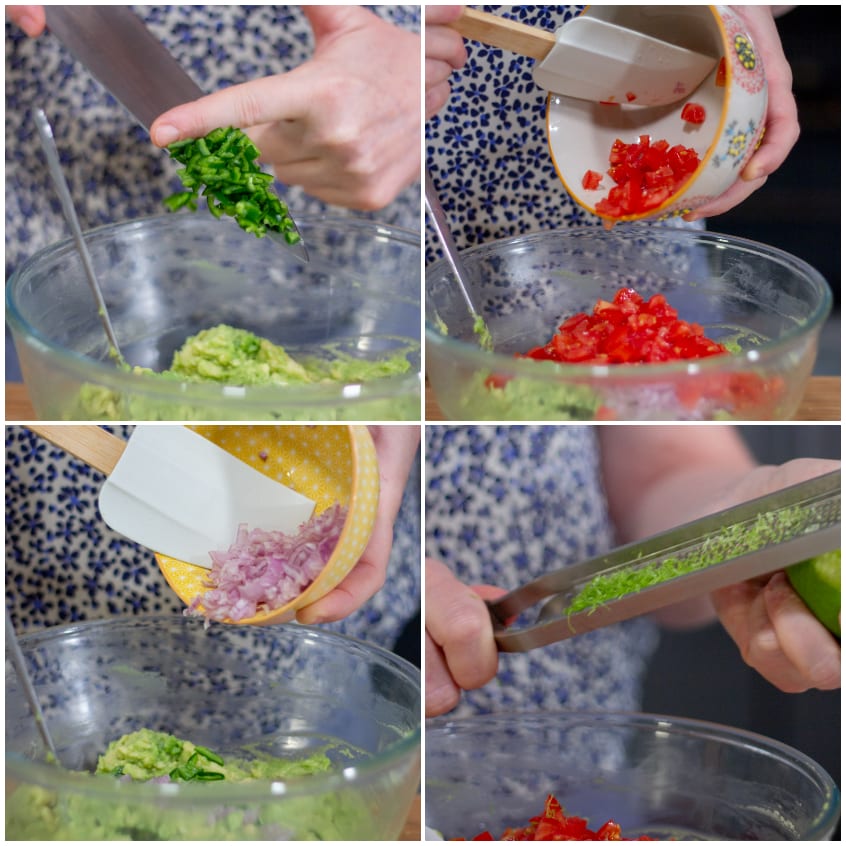Peperoncino, pomodoro a cubetti, cipolla rossa e scorza di lime aggiunti all'avocado schiacciato