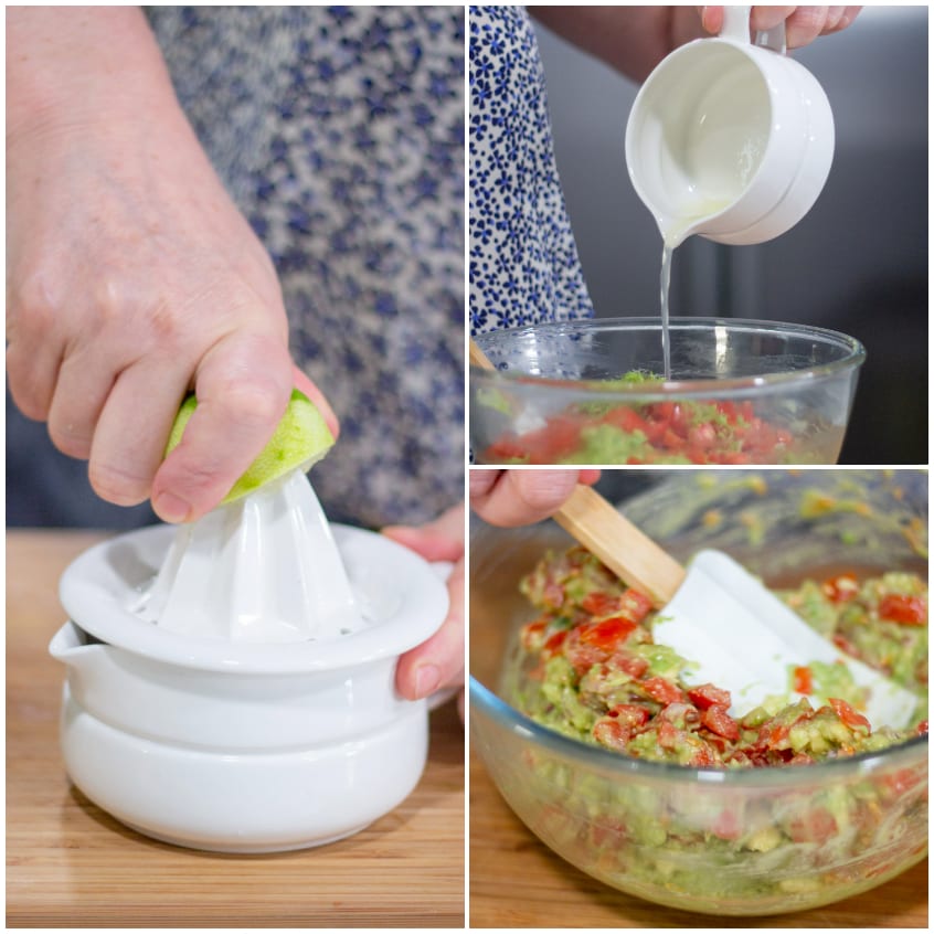 Spremitura del lime e aggiunta di panna acida al guacamole con pomodoro