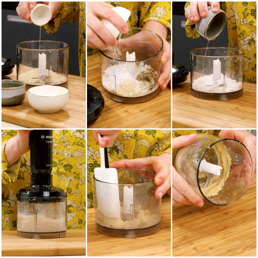 Ingredienti per il ripieno alle mandorle versati e frullati nel mixer fino a ottenere una crema