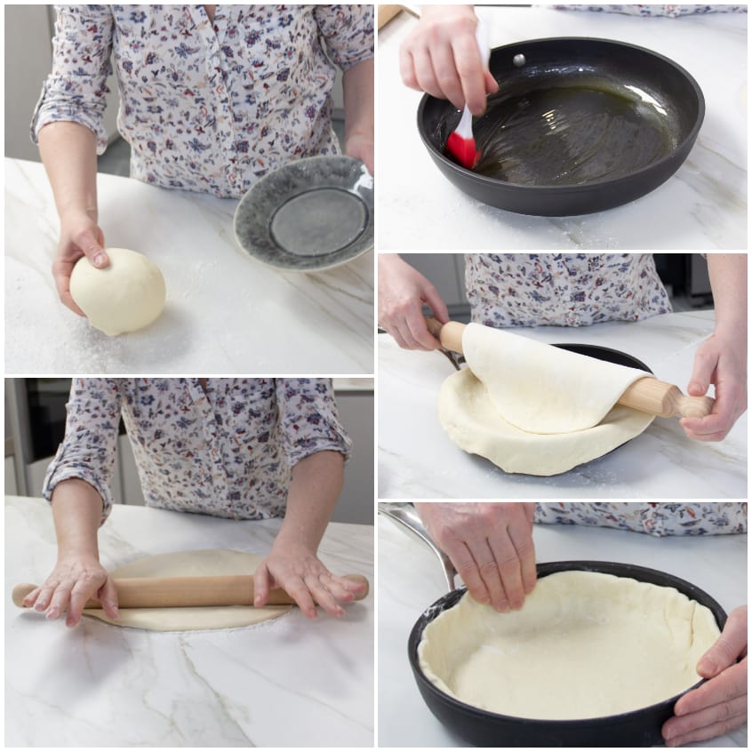 Impasto steso col mattarello e adagiato nella padella per formare la base della focaccia