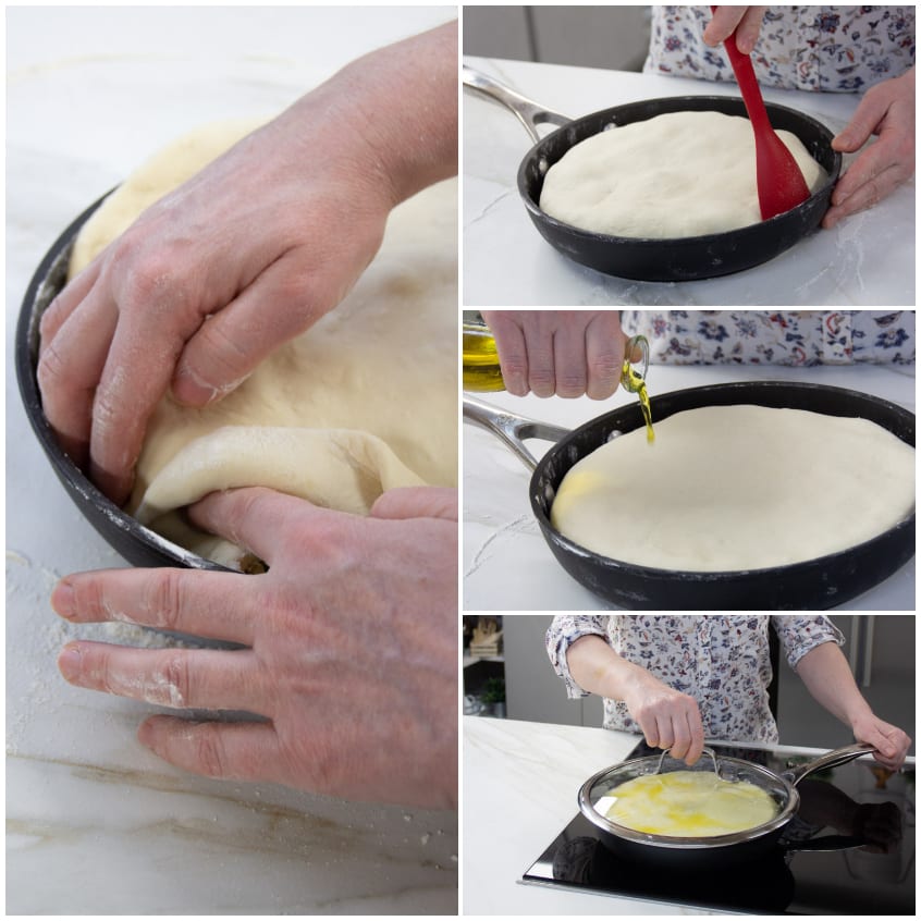 Mani che stendono e sigillano l'impasto in padella, poi spennellano con olio prima della cottura