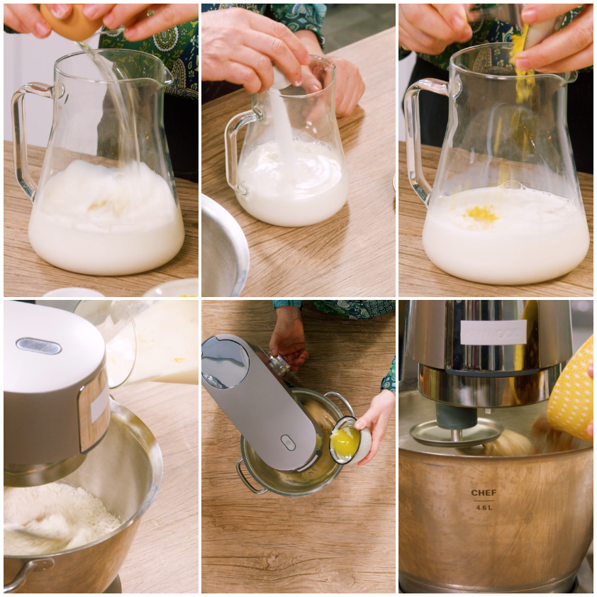 Latte e uova con scorza di limone versati nella ciotola dell'impastatrice con la farina