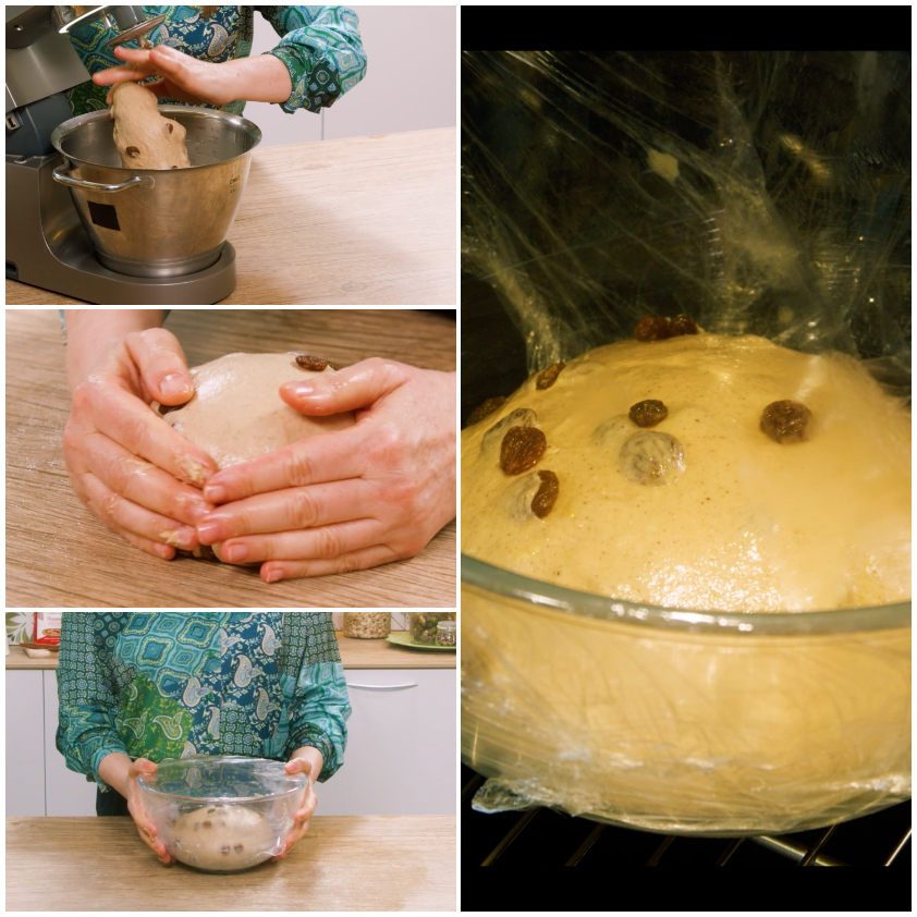Impasto con uvetta lievitato fino a raddoppiare il volume nella ciotola coperta con pellicola