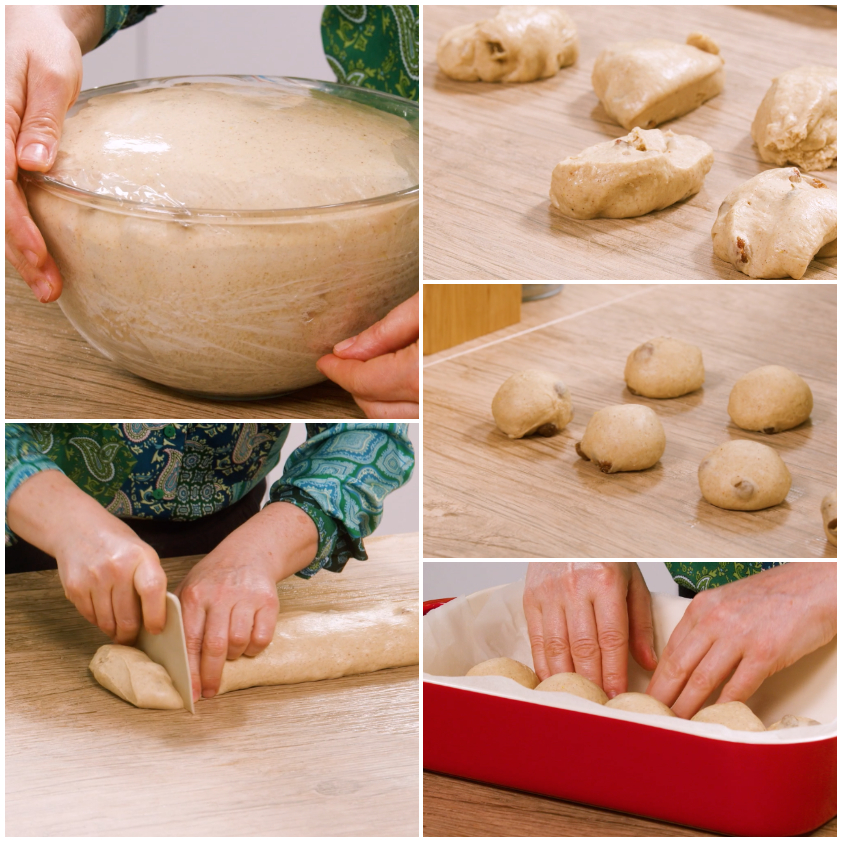 Impasto lievitato diviso in pezzi, arrotolato in palline e disposto in teglia per gli hot cross buns