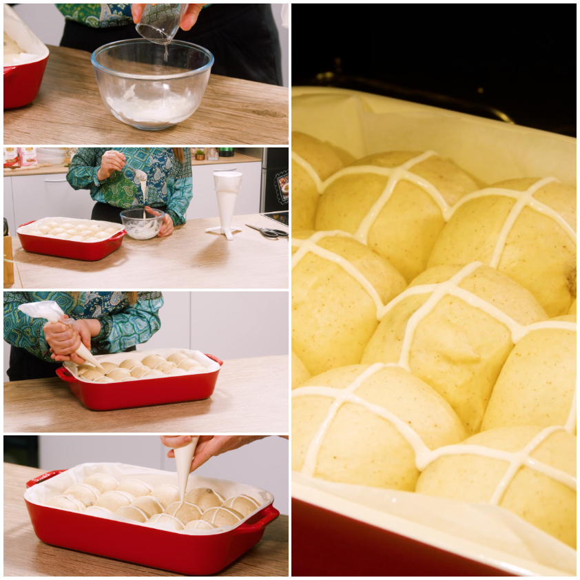 Croci di pastella tracciate con sac-à-poche sulle palline lievitate degli hot cross buns