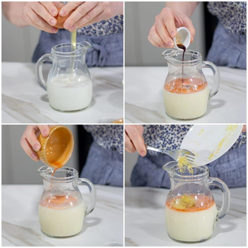 Uova, vaniglia, rum e scorza di limone aggiunti al latte in una brocca