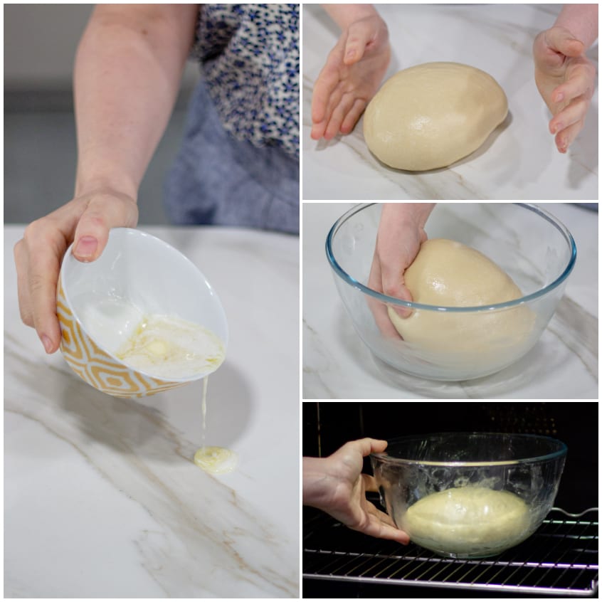 Impasto dei Buchteln lavorato a palla, trasferito in ciotola e messo a lievitare in forno