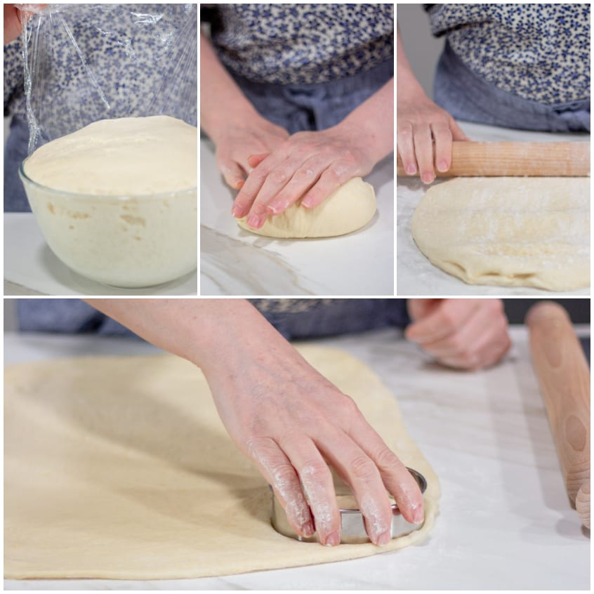 Impasto lievitato steso con il matterello e ritagliato in cerchi con un coppapasta